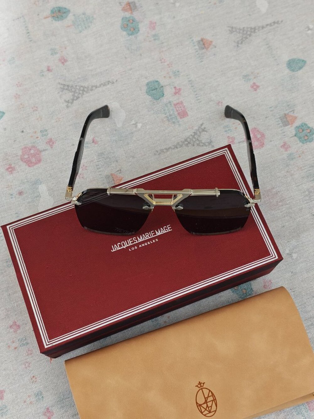 Jacques Marie Mage Rimless Silver Tortoise Temple Sunglasses with Full Box Set